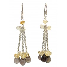 Earrings Silver 925 Sterling Dangle Drop Women's Golden & Smoky Topaz Stone A966